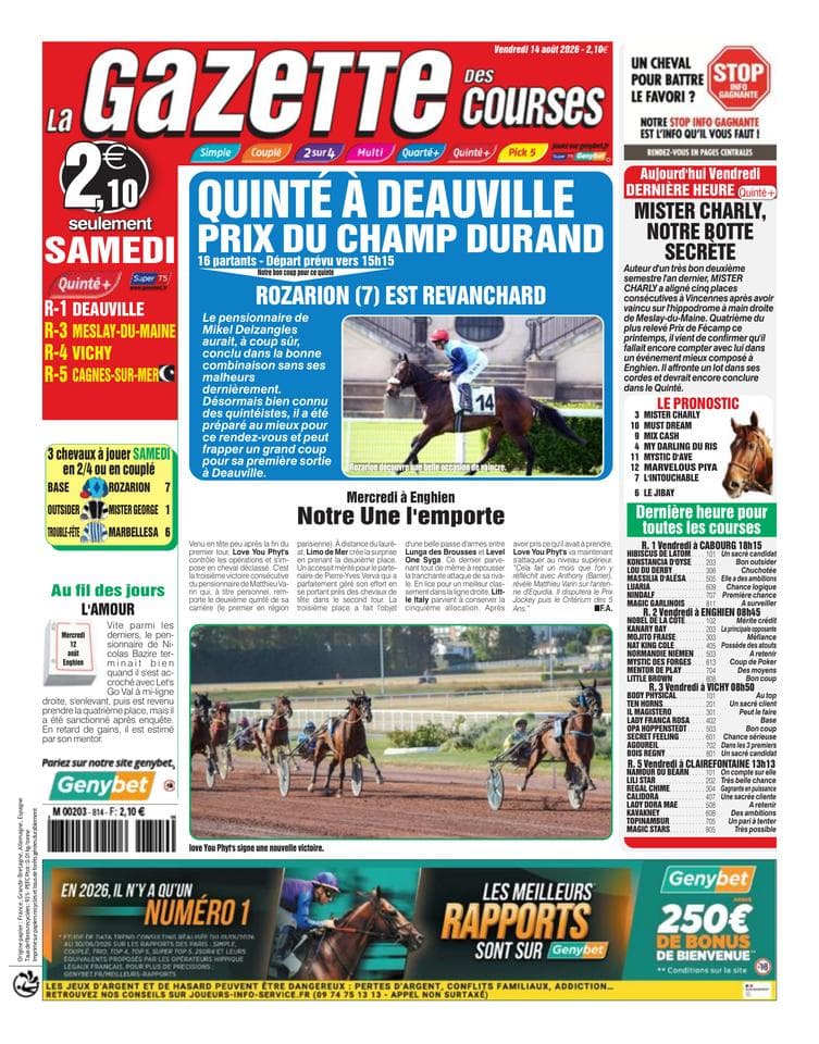 Couverture de l'édition du Vendredi 14 août 2026