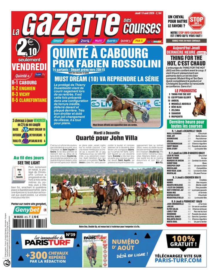 Couverture de l'édition du Jeudi 13 août 2026